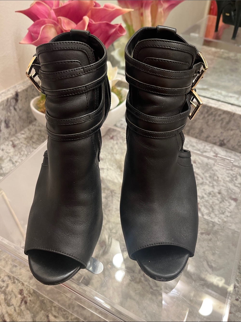 Michael Kors Black Peep-Toe Ankle Heeled Boots with Gold Buckles